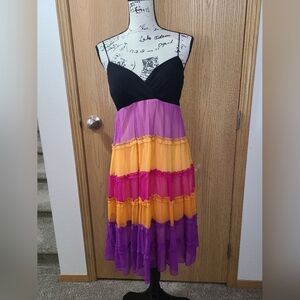 Sangria Y2k Silk Tiered Ruffle Spaghetti Strap Colorblock Sundress
